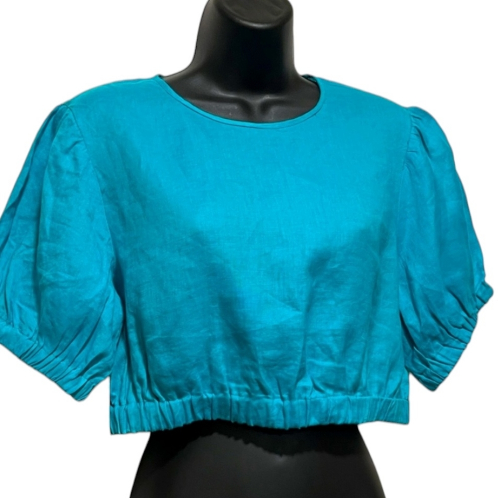 BROADWAY Linen Cropped Top Puffy Short Sleeve Turquoise Solid Color EU 38 Medium - Picture 2 of 6